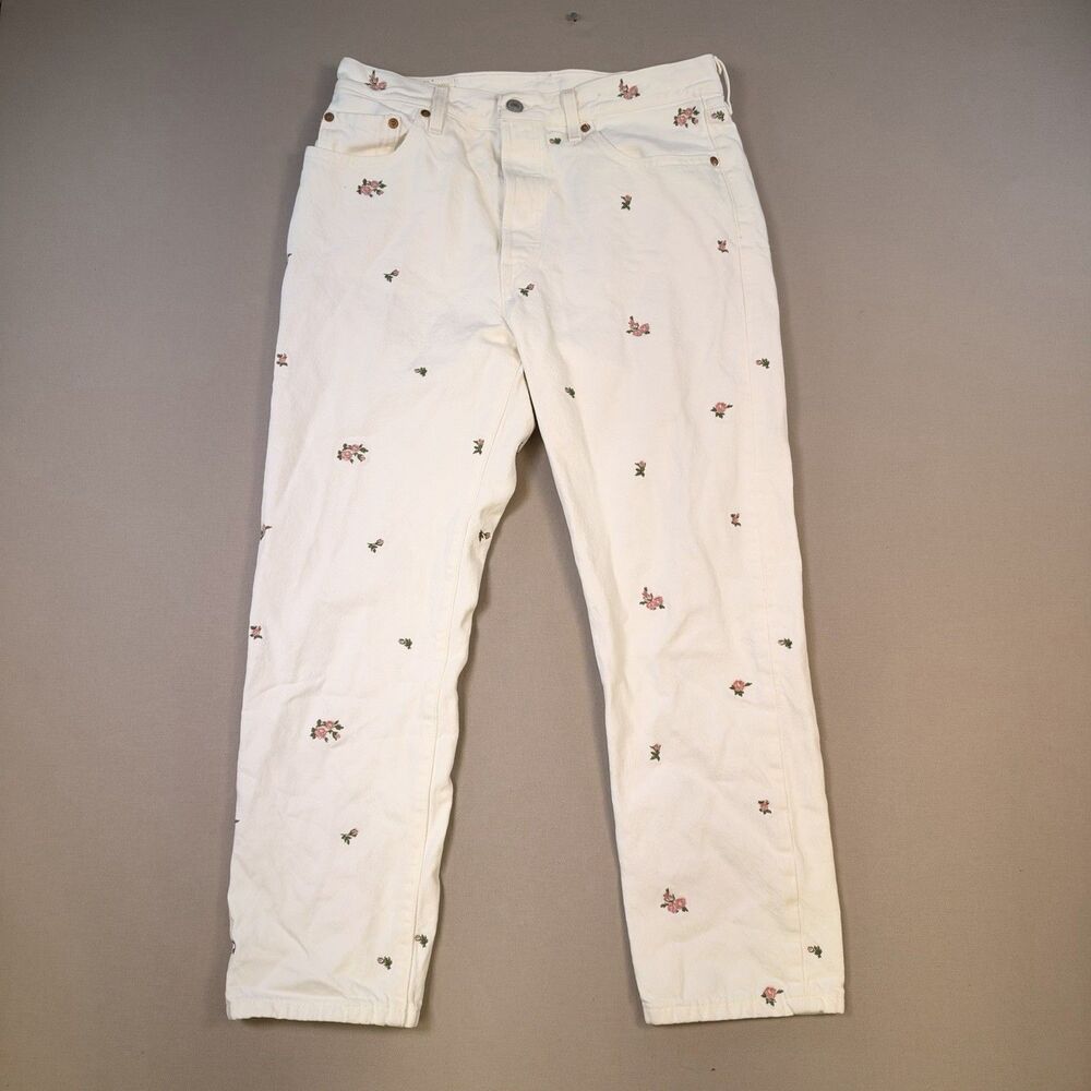 Levis Premium Womens 501 Jeans Floral Embroidery Straight White 29x26 Button Fly
